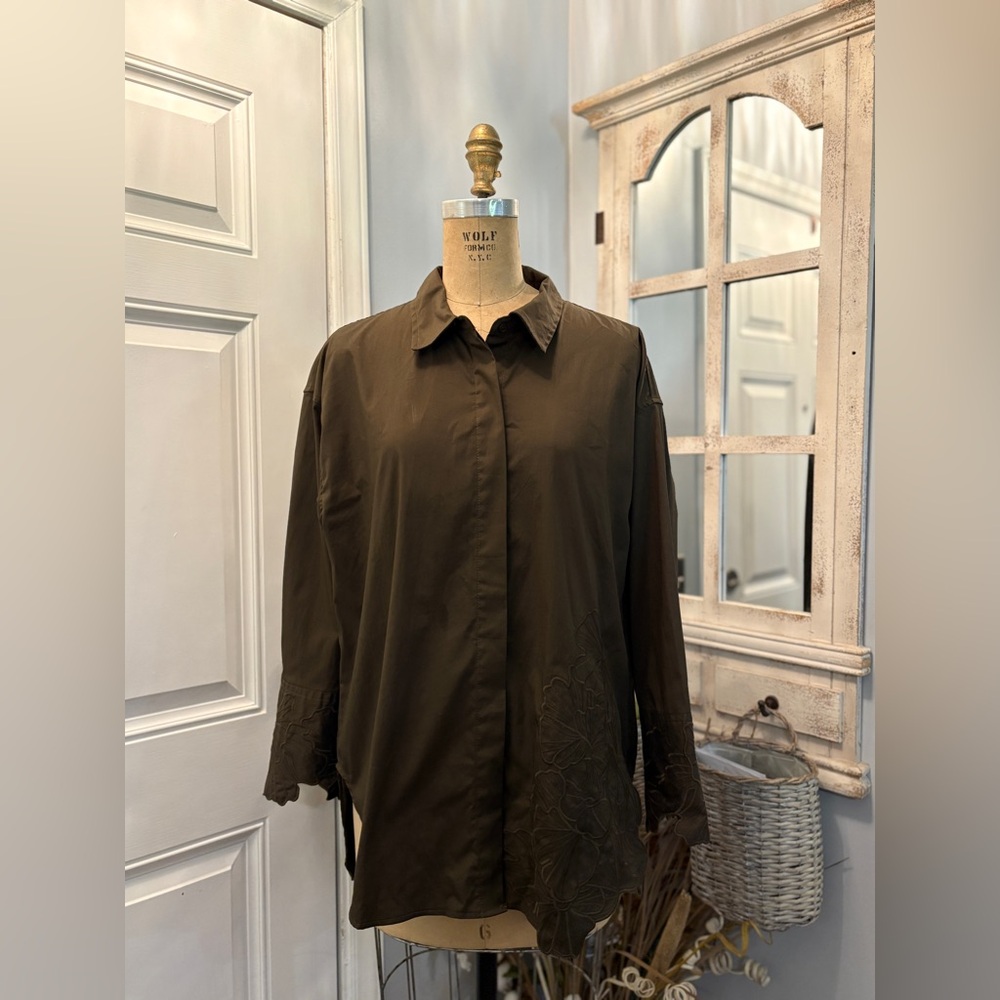 Christian Lacroix Collard Dark Olive 3/4 Sleeve Button Down LagenLook Shirt SZ M